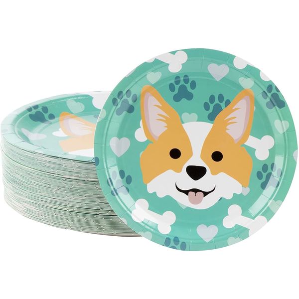 80-Pack Dog Party Paper Plates for Corgi Birthday Party Supplies