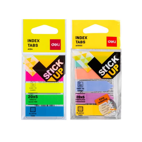 Deli Index Tabs 44×12mm &amp; 43×12mm, Assorted colours, 5x 20 sheets, 2 packs