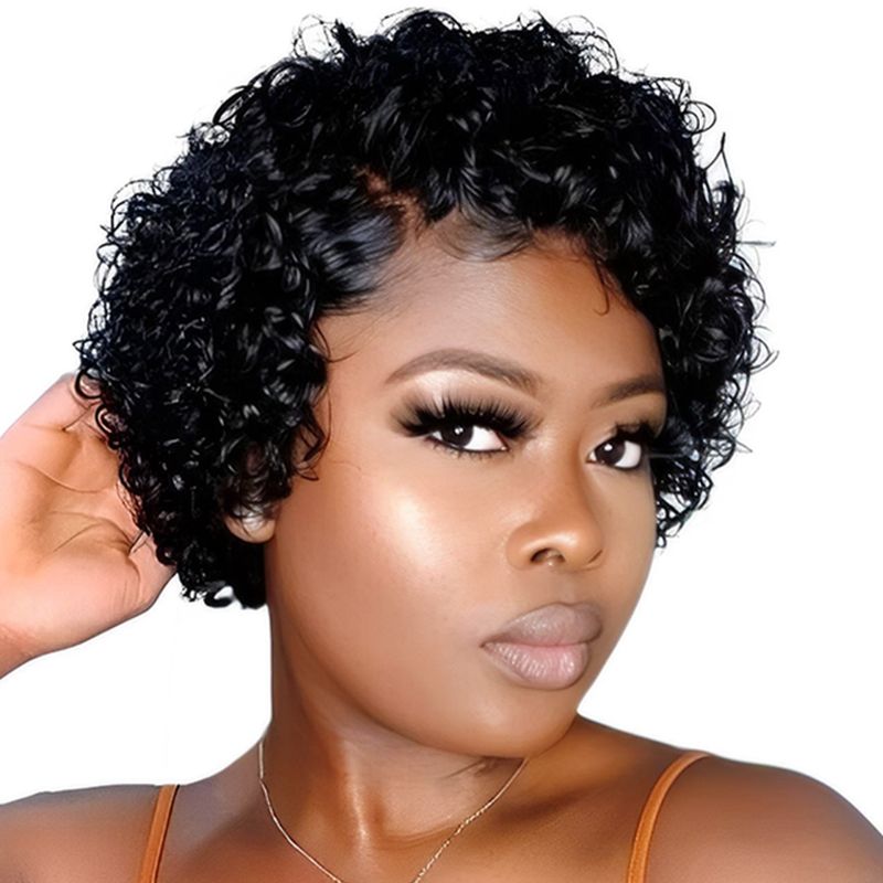 Geebuy 13x1 Lace Front Brazilian Hair Pixie Cut Curly Wig Glueless Wigs