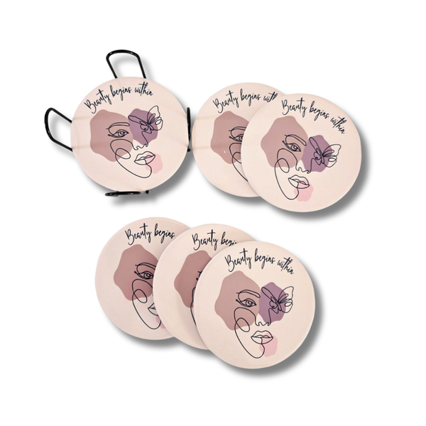 Round Ceramic 6 Piece Coaster Set with Abstract Lady "Beauty beings within