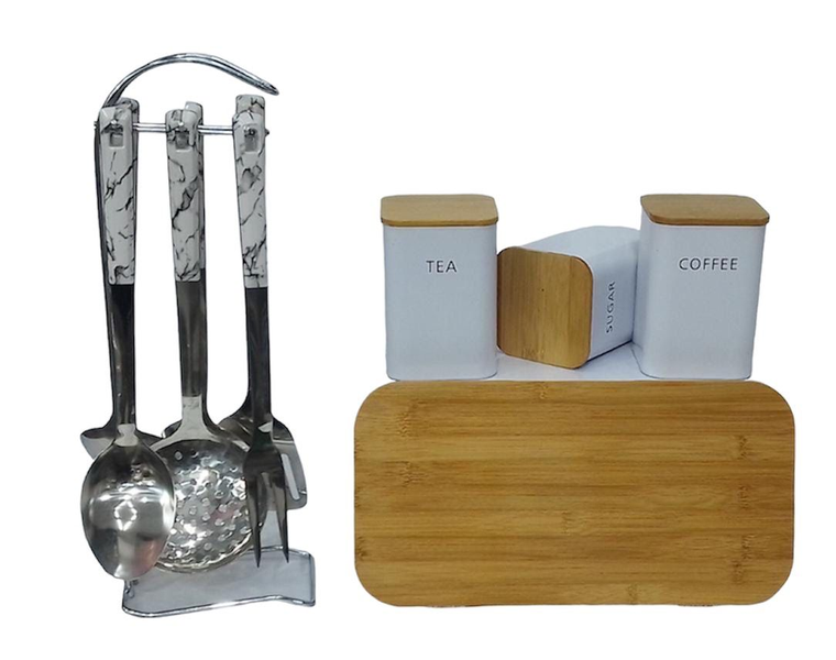 Matching Bamboo Lid Bread Bin Storage and Utensils Set
