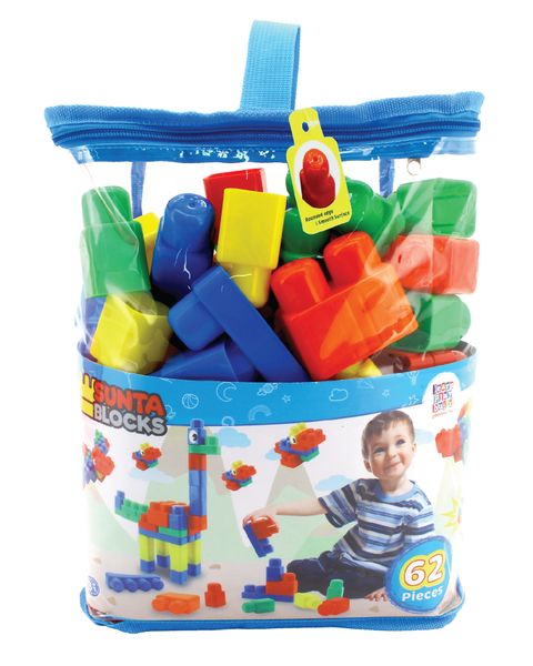 Boys Building Blocks (62 Pieces) - Round Edges &amp; Stickers in Carry Bag