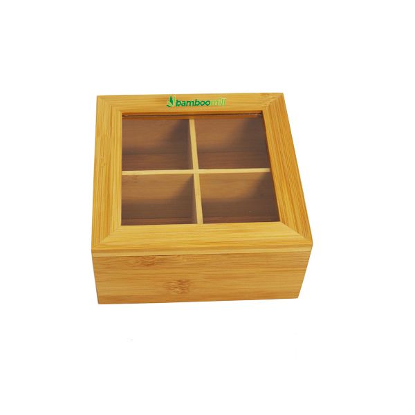 Bamboomill Acrylic Clear Top Bamboo Tea Box 4 Sections