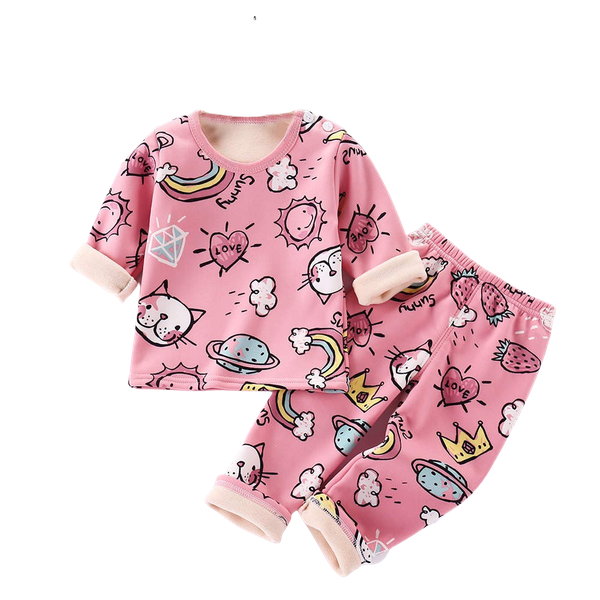 Warm Girls Winter Sleepwear/Pyjamas with Fleece Inner - Rainbows and Cats