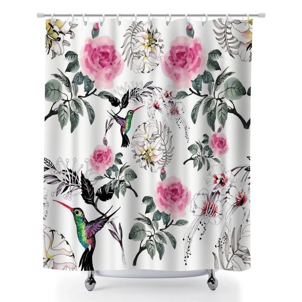 Shower Curtain for Bathroom, 180x180cm Botanical Bird Print Bath Curtain