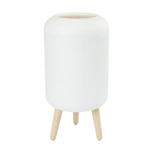 Minimalistic Trash Can With Wood-Pattern Lid &amp; Push To Open Feature-White