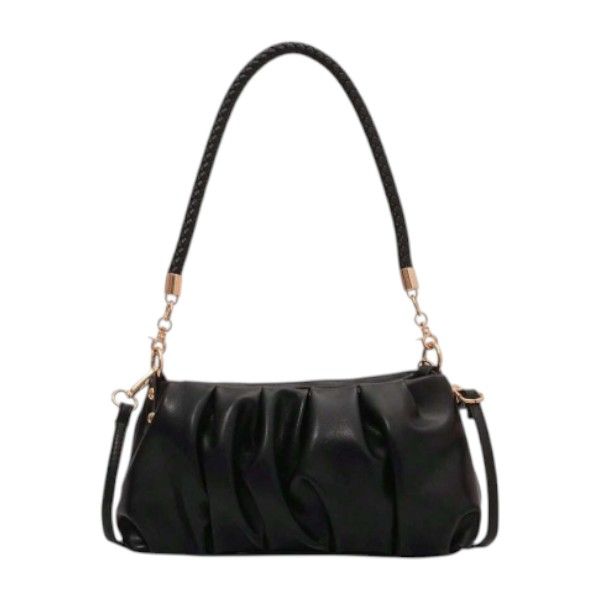 Luxe Ripple Soft Ruched Shoulder Bag - Black