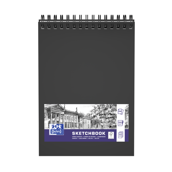 Oxford Sketchbook A4, 50 Sheets, Black Hard Cover, 100g Paper, Twin Wire