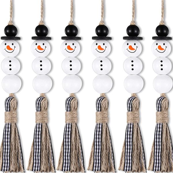 6 Pieces Snowman Bead Garland Christmas Tree Ornaments Xmas Wooden Farmhous