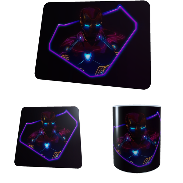 Iron Man Neon - Aesthetic - Coffee Mug, Coaster and Mouse Pad Combo