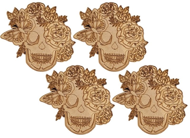 Sugar Skull Coasters with Detailed Butterfly and Roses Etching - Set of 4
