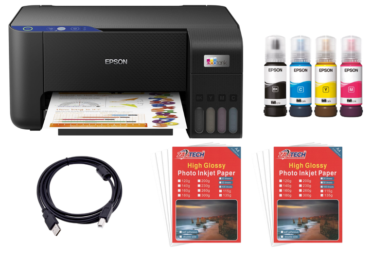 Epson L3252 InkTank Printer + 2x ZATECH Glossy photo Papers &amp; Printer Cable