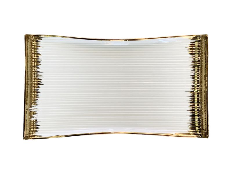 Stylist Platter Porcelain Ribbed with Gold Rim 35x20cm Rectangular