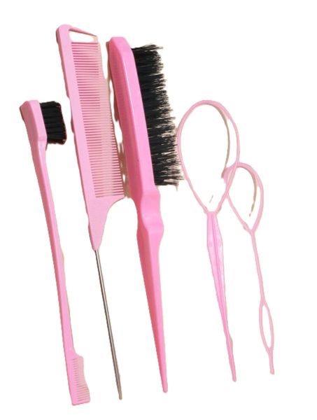 5-Piece Pink Hair styling brush set, including perfect bun/chignon aid