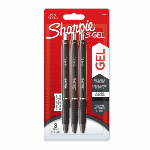 Sharpie S-Gel Gel Pens Medium Point (0.7mm) Black Pack of 3