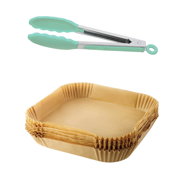 100 x Square Disposable Air-Fryer Parchment Paper Liners Plus Silicone Tongs
