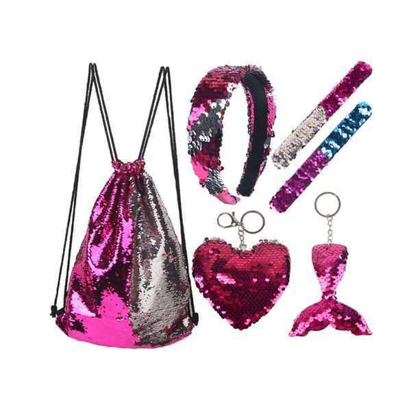 Mermaid Sequin Kids Drawstring Bag Headband Bracelet Purses Set