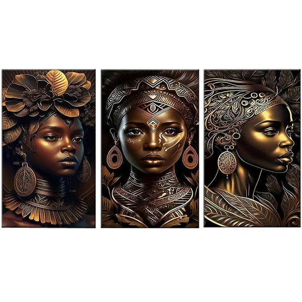 Canvas Art - 3 Pieces Beautiful Black Africa Woman Abstract Wall Art