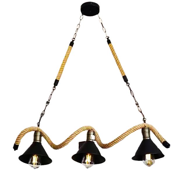 Pendant Light Metal and Rope Chandelier Light 3-Lights Hemp-55cm Height