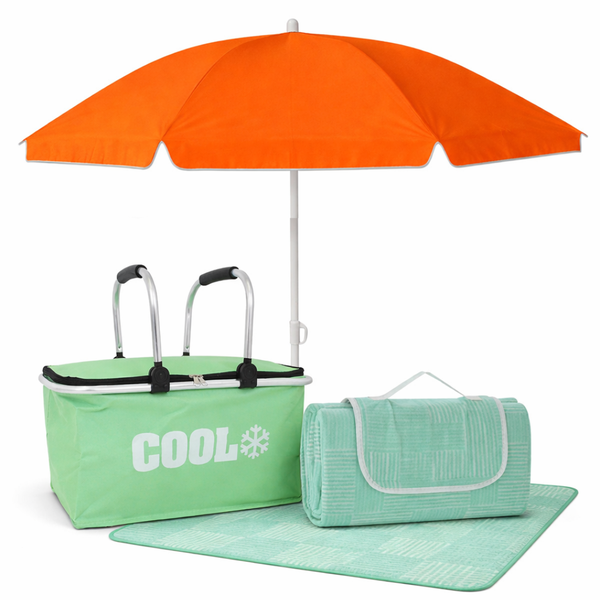 3-Piece Outdoor Picnic Set with Cooler Bag, Picnic Blanket &amp; Beach Umbrella