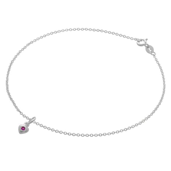 Fine Sterling Silver Belcher Anklet with CZ Crystal July Birthstone