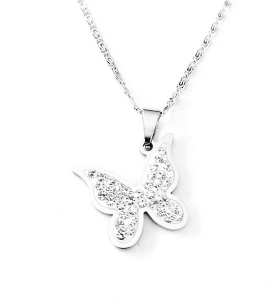 Cubic Zirconia stainless steel butterfly pendant on snail chain- Gift