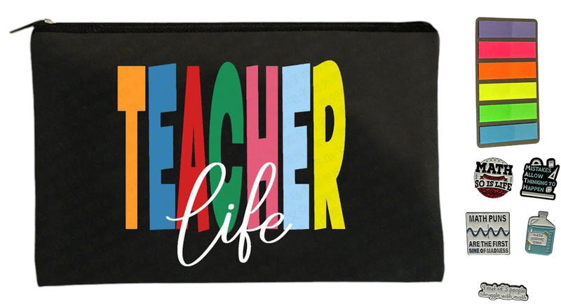 Teacher's Life Pencil Case, Maths Teacher Pins, and Post-It Gift Set