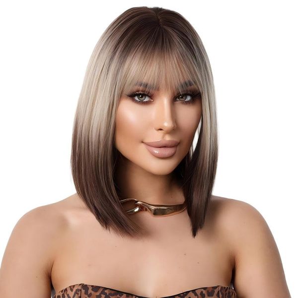 Women's Shoulder-Length Short Wig: Gradient Ash Brown