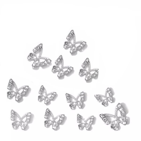 12 Silver Butterfly Nail Art Charms - With Gems and Rhinestones 3D