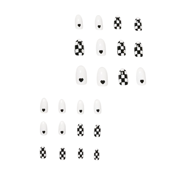 24Piece Short Oval Checkered &amp; Heart Design Press-On Nails - Black/White