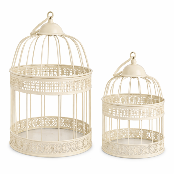 Cream Metal Bird Cage Candle Holder Set - 2 Piece Decorative Lantern