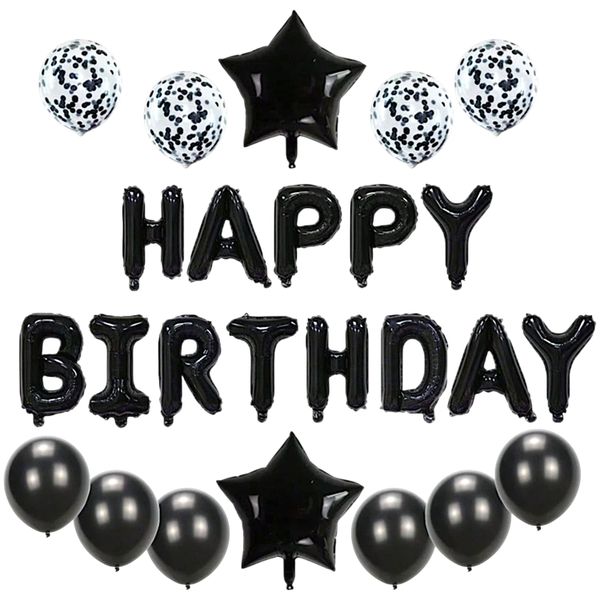 25 Piece 16-Inch Happy Birthday Balloon Set - Black