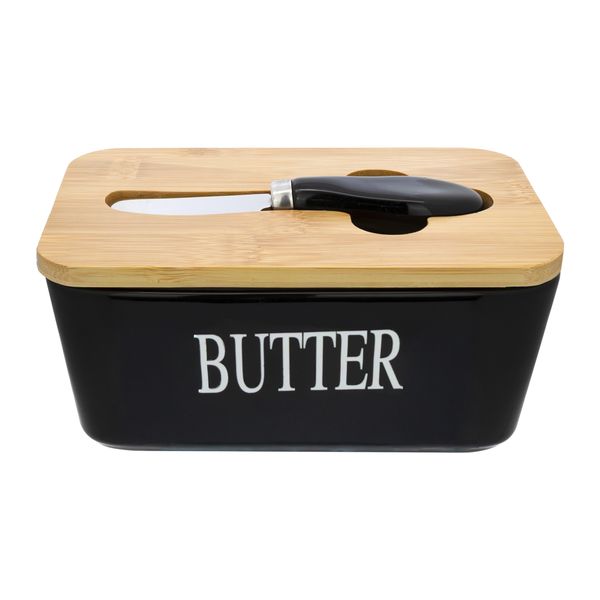 Regent Ceramic Buttter Dish with Bamboo Lid and Ss Knife