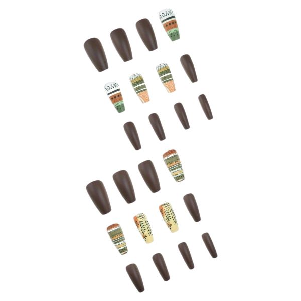 24-Piece Medium-Long Press-On Nails Set - Matte Green &amp; Tribal Pattern