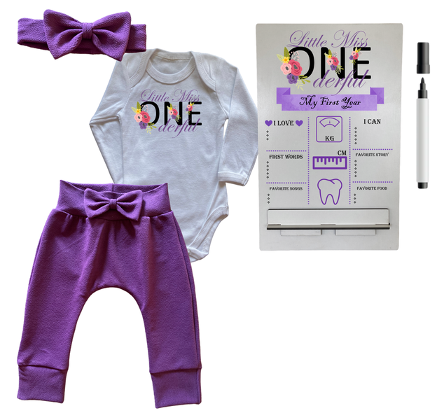 First Birthday Outfit-Long Sleeve &amp; Milestone sign-ONE'derful
