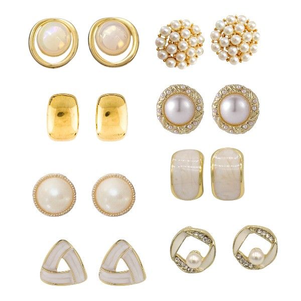 8 Pairs - Vintage Earrings With Enamel, Pearl &amp; Zirconia Accents - Gold