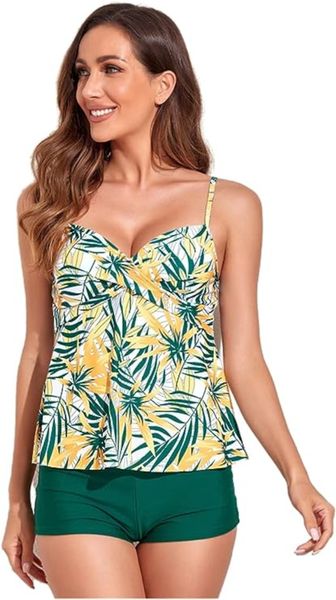 Olive Tree-2 Piece Ruffle Split Strap Swimsuit-Green Yellow Leaf