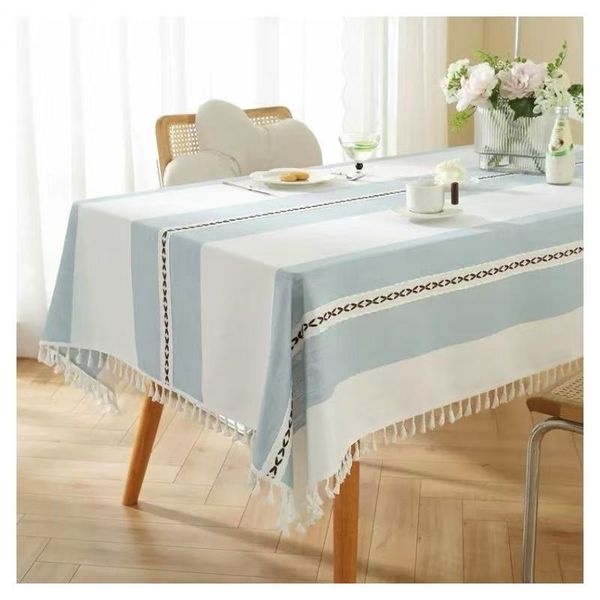 Elegant linen tablecloth with embroidered feather design-sky blue