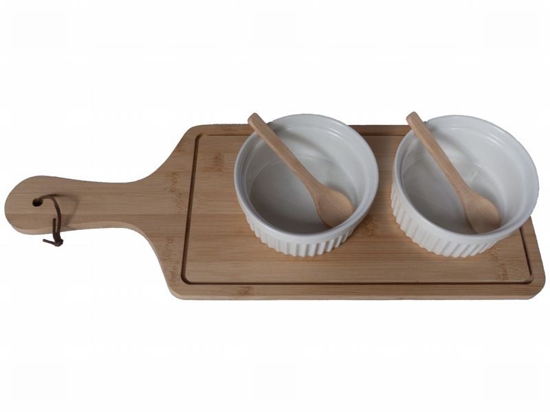 Bamboo Tapas Board With 2 Large Round Bowls And 2 Wooden Spoons