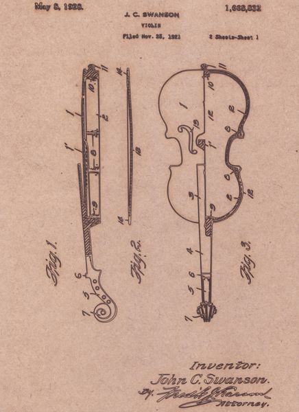 Vintage Patent Sketch Style Violin JC Swanson - Unframed