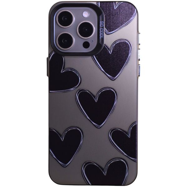 Phone Case with Black Hearts - Compatible with 15 Pro Max - Silver Chrome