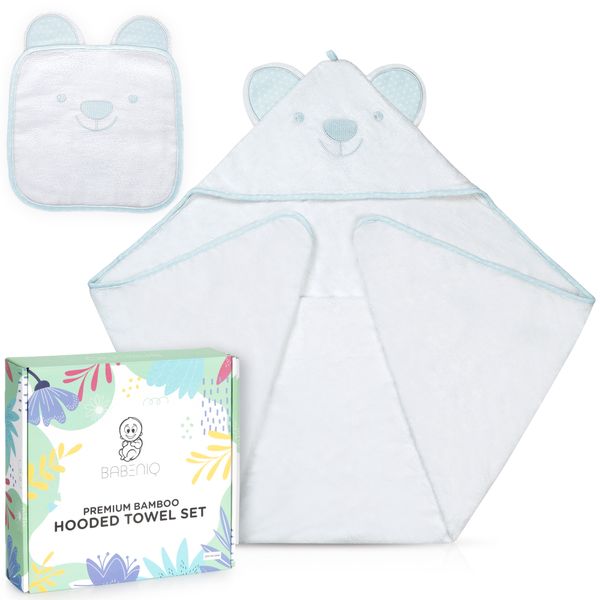 Babeniq Bamboo Hooded Baby Towel and Washcloth Gift Set. Organic Large Blue