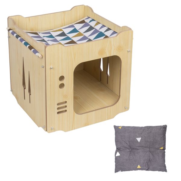 Pet Wooden Cat Nest Pet Hammock Bed with Soft Pad- Original Wood Color