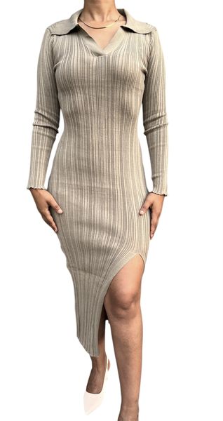 Ladies Brown Long Sleeve Dress With Side Slit