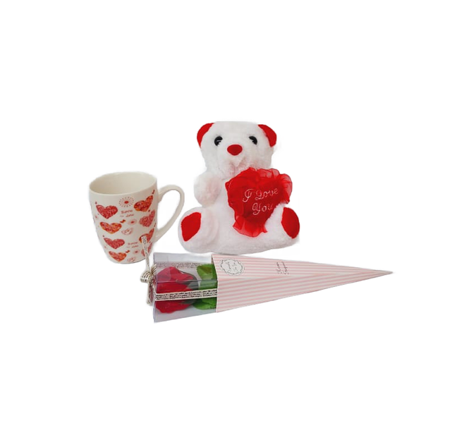 Valentine Teddy Bear, Mug &amp; Rose Gift Pack