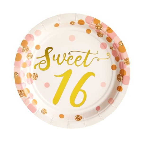 18cm Rose Gold and Pink Sweet 16 Birthday Plates
