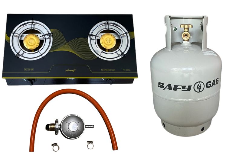 Two Burner Auto Ignition Tempered Glass Gas Stove &amp; 9Kg Cylinder