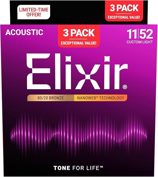 Elixir Nanoweb 80/20 Bronze CusLight Acoustic Guitar Strings (11-52)-3 Pack