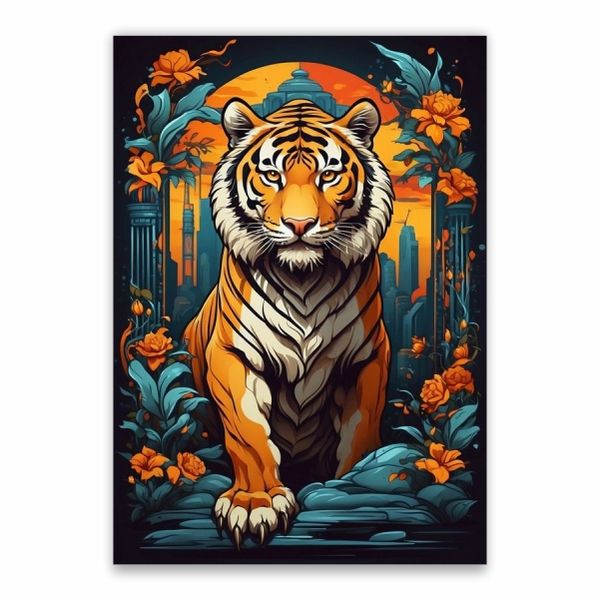 Tiger Cartoon Flowers Poster - A1