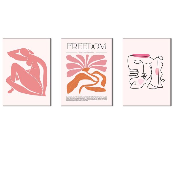 Canvas-Art-3 Pieces Pink Freedom Line Face Woman Home Decor Wall Art